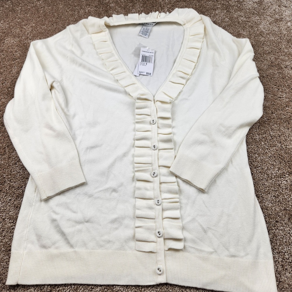 Grace Ivory Ruffled Cardigan Sweater Button Down Top Womens‎ Medium New